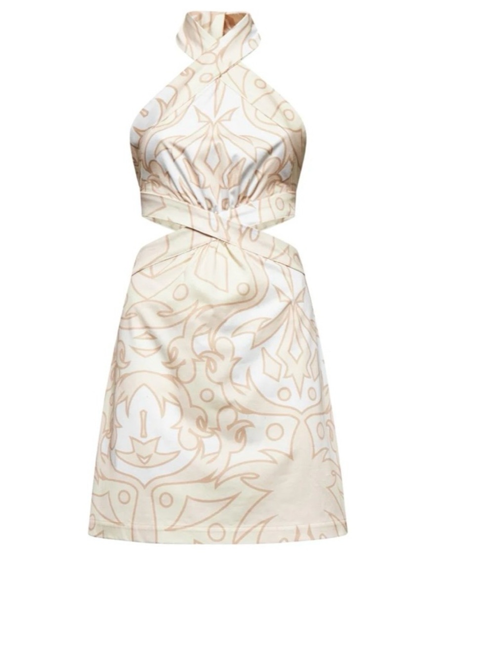 Silvian Heach Halter Mini Open Back Tie Waist Beige Abstract Print Summer Dress